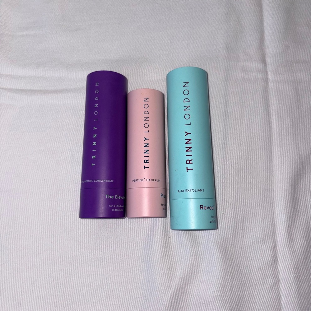 Trinny London Skincare Set Peptide HA Serum AHA Exfoliant Neck Concentrate empty